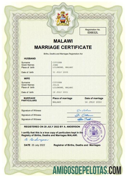 Em branco modelo Word e PDF de certidão de casamento do Malawi